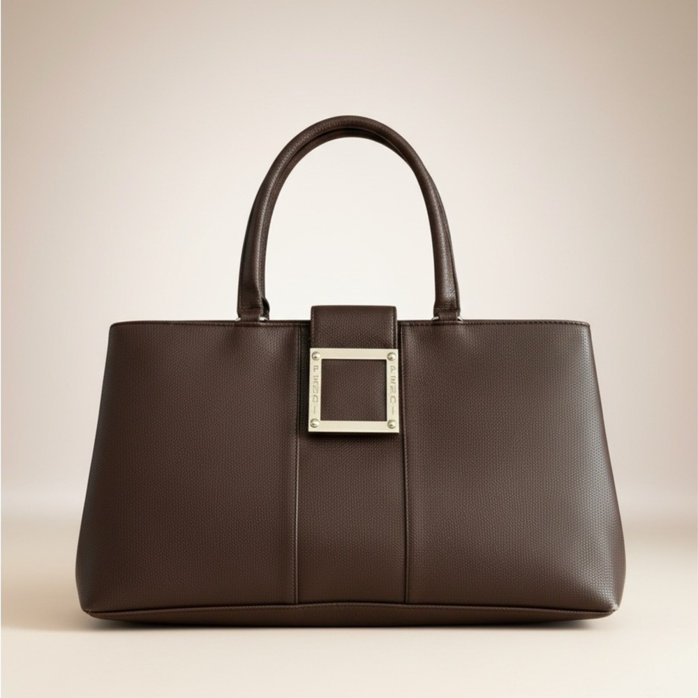 Fendi Inspired Brown Pebbled Leather Structured Tote Bag Silver Hardware